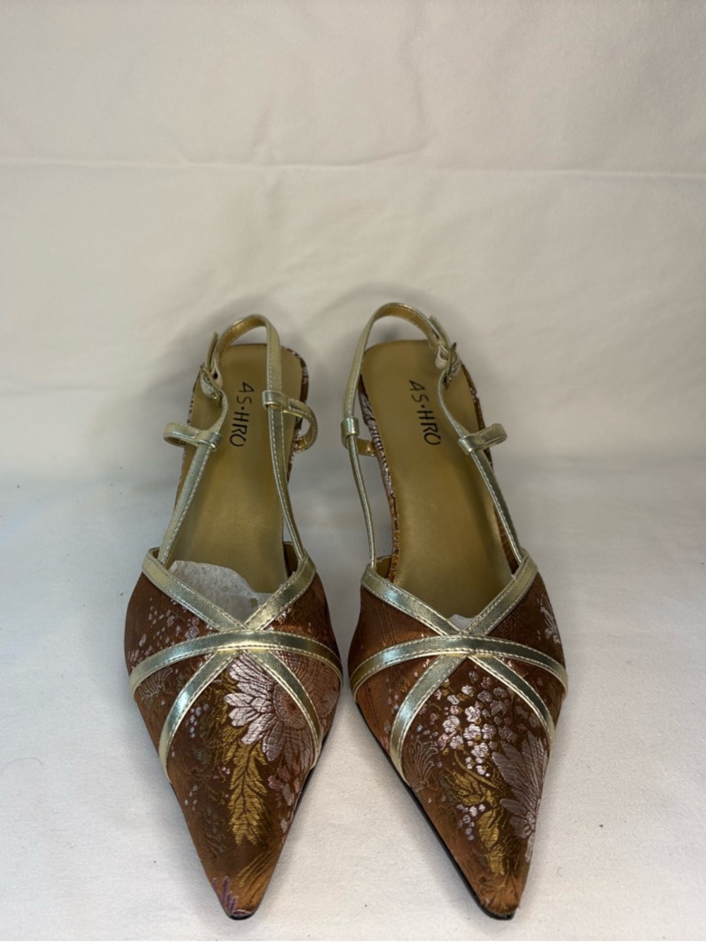 Ashro Brown Floral Pointed Slingback Kitten Heels with Gold Straps